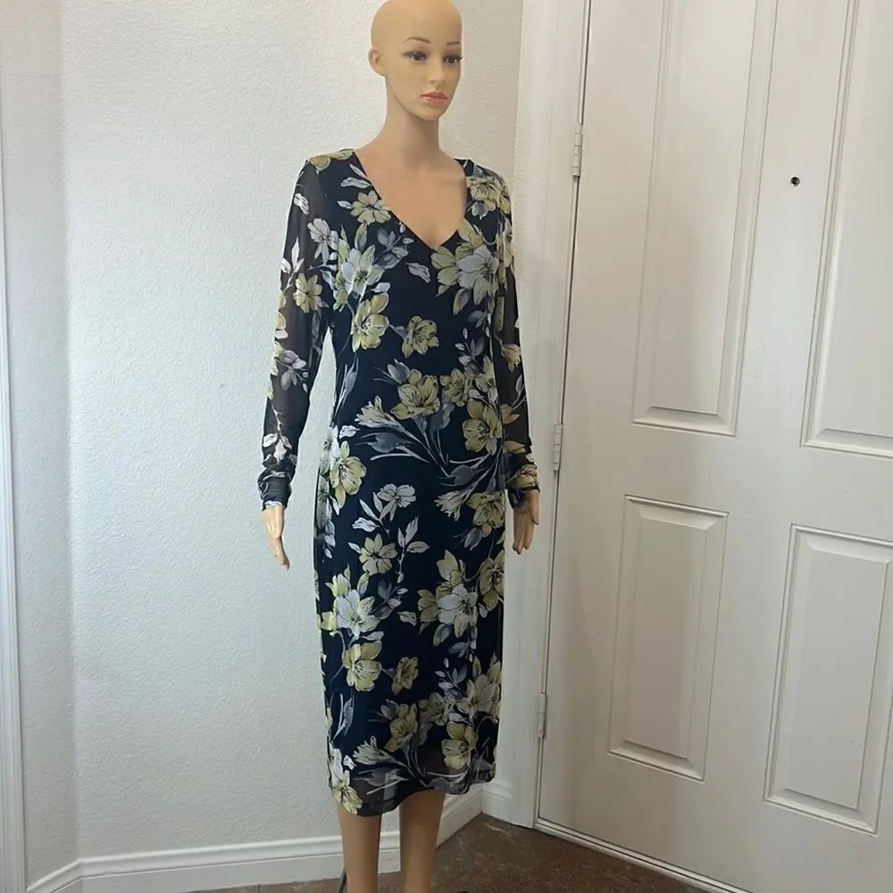 Connected Apparel Dress Sz 10 V Neck Long Sleeve Navy Blue Yellow Floral Lined